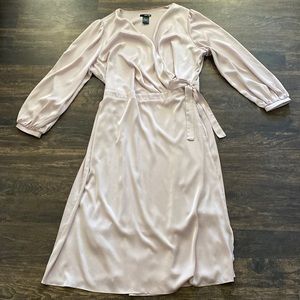 ASOS Satin Long Sleeve Wrap Front Midi Dress in mink